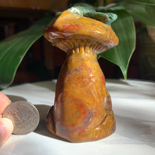 Load image into Gallery viewer, 3.4&quot; Colorful Ocean Jasper Mushroom Carving with Rabbit and Dragonfly 276 grams
