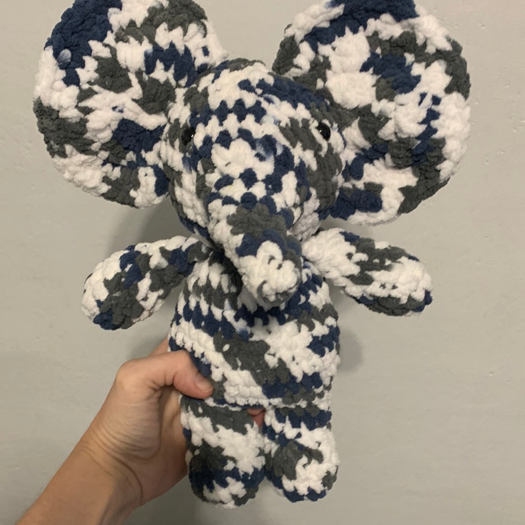 Crocheted Amigurumi Blue Camo Elephant 12.5”