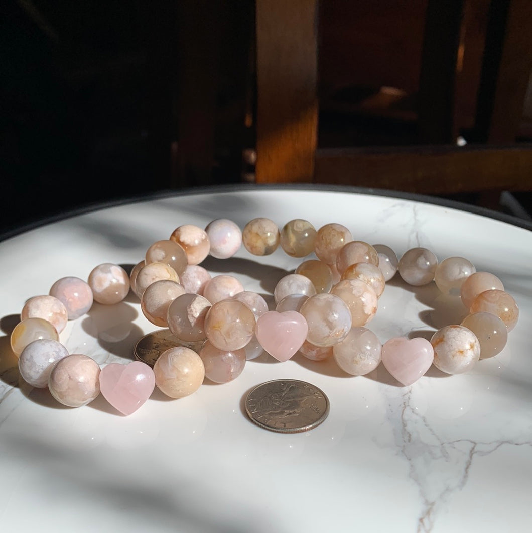 Chunky Colorful Flower Agate Bracelet with Rose Quartz Heart-2 sizes to choose from!