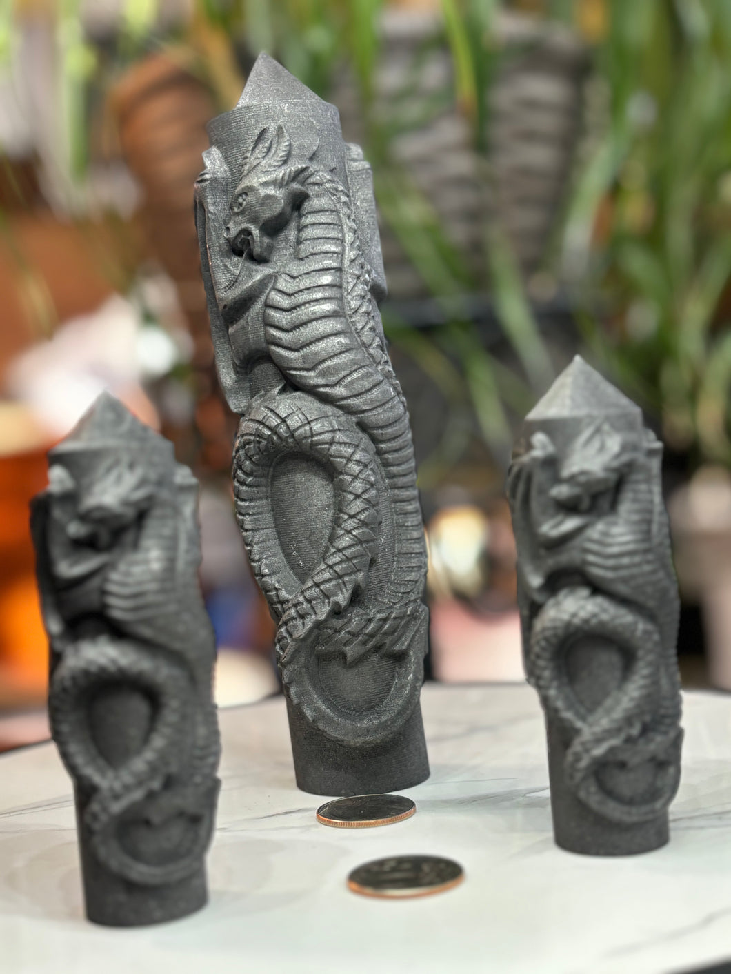 Amazing Shungite Tower with Intricate Dragon Carving