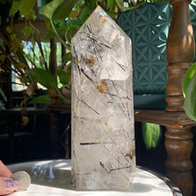Load image into Gallery viewer, 2 Kilo Black Tourmaline in Clear Quartz 8.75&quot; Tower
