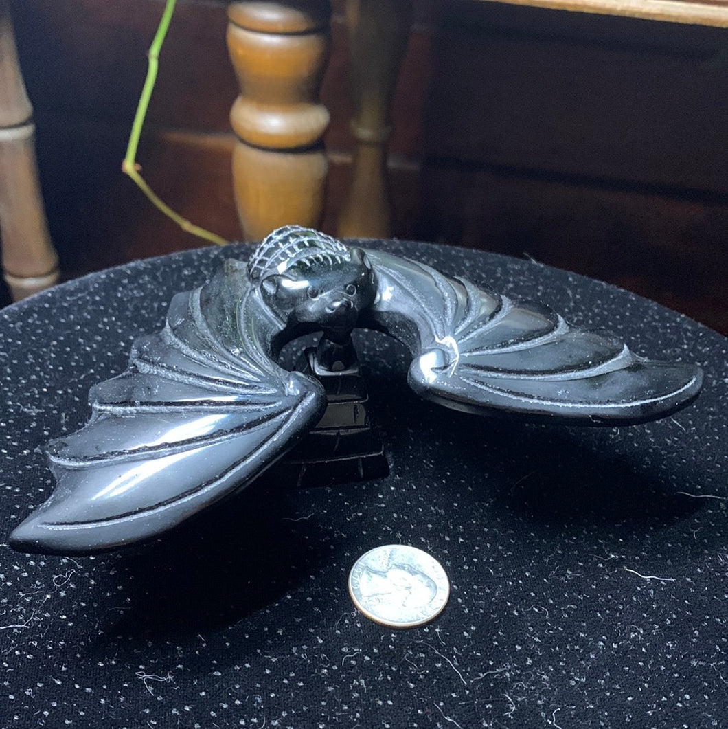 Obsidian Balancing Bat Carving *amazing* 6.5” wingspan
