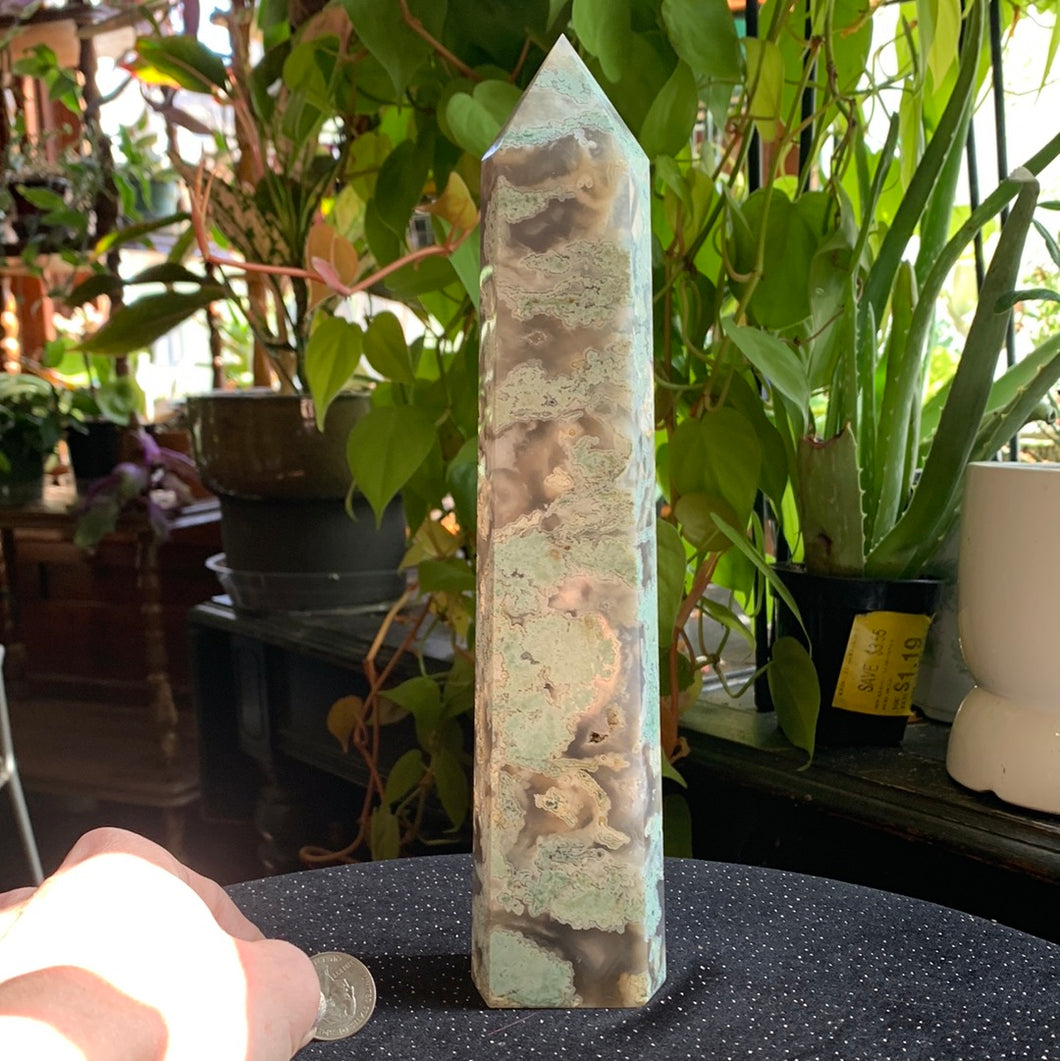10.25 inch Green Flower Agate Tower 874 grams
